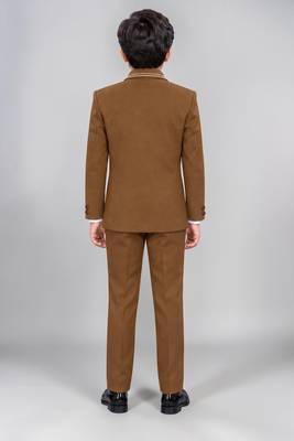 Boys brown lycra solid 5 piece suit set with contrast piping design 2