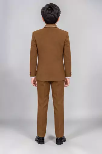 Boys brown lycra solid 5 piece suit set with contrast piping design