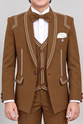 Boys brown lycra solid 5 piece suit set with contrast piping design 3
