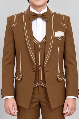Boys brown lycra solid 5 piece suit set with contrast piping design