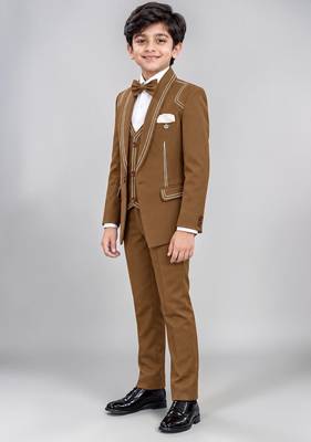Boys brown lycra solid 5 piece suit set with contrast piping design 4