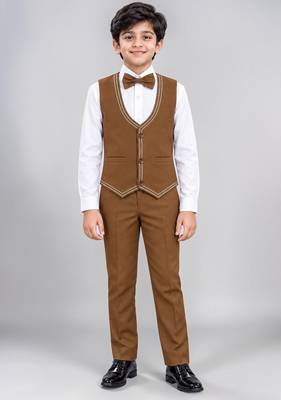 Boys brown lycra solid 5 piece suit set with contrast piping design 5