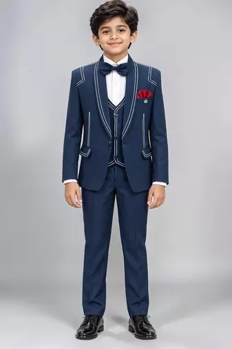 Boys navy blue lycra solid 5 piece suit set with contrast piping design