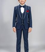 Boys navy blue lycra solid 5 piece suit set with contrast piping design
