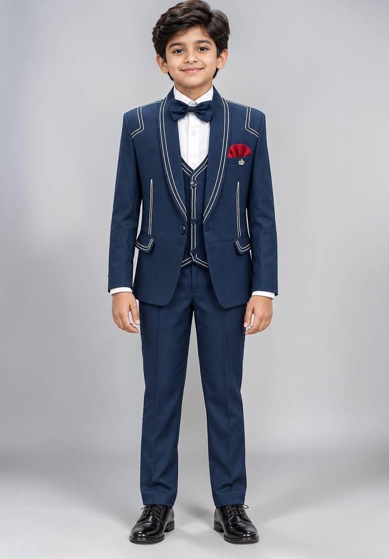 Boys navy blue lycra solid 5 piece suit set with contrast piping design