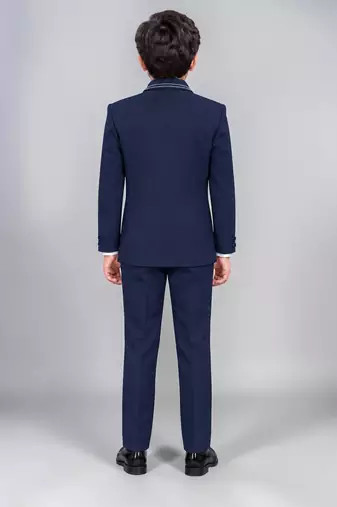Boys navy blue lycra solid 5 piece suit set with contrast piping design