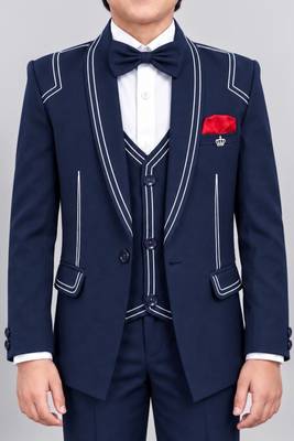 Boys navy blue lycra solid 5 piece suit set with contrast piping design 3