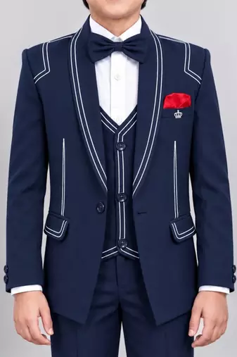 Boys navy blue lycra solid 5 piece suit set with contrast piping design