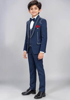 Boys navy blue lycra solid 5 piece suit set with contrast piping design 4