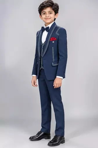 Boys navy blue lycra solid 5 piece suit set with contrast piping design