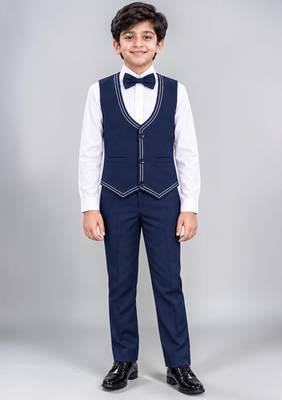 Boys navy blue lycra solid 5 piece suit set with contrast piping design 5