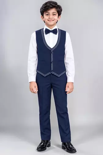 Boys navy blue lycra solid 5 piece suit set with contrast piping design