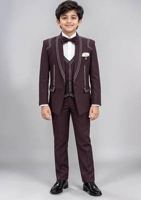 Boys purple lycra solid 5 piece suit set with contrast piping design 1