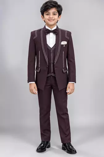Boys purple lycra solid 5 piece suit set with contrast piping design