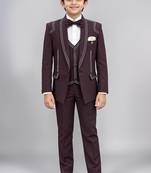 Boys purple lycra solid 5 piece suit set with contrast piping design