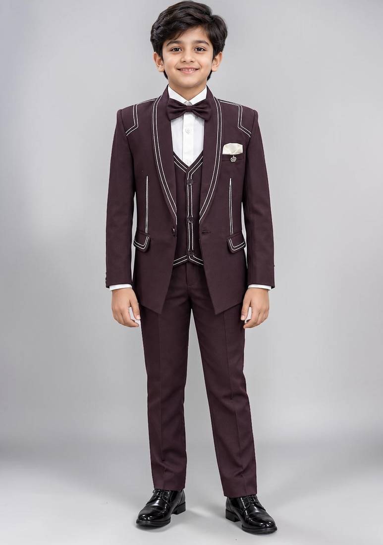 Boys purple lycra solid 5 piece suit set with contrast piping design