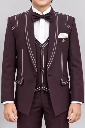 Boys purple lycra solid 5 piece suit set with contrast piping design