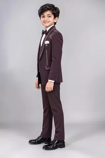 Boys purple lycra solid 5 piece suit set with contrast piping design