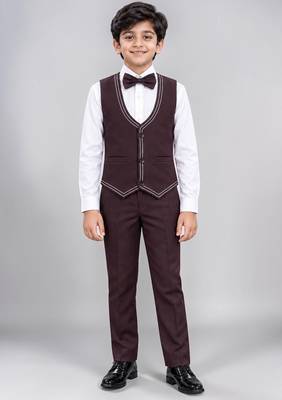 Boys purple lycra solid 5 piece suit set with contrast piping design 5
