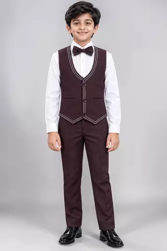 Boys purple lycra solid 5 piece suit set with contrast piping design