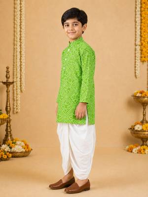 Boy's green cotton bandhni thigh length kurta and dhoti set 5