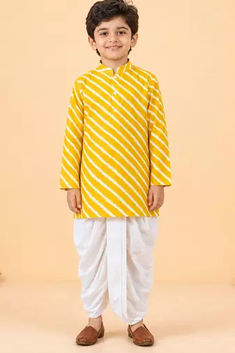 Boy's yellow cotton striped thigh length kurta and dhoti set