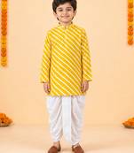Boy's yellow cotton striped thigh length kurta and dhoti set