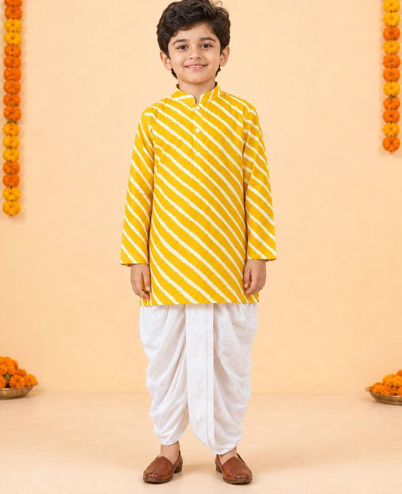Boy's yellow cotton striped thigh length kurta and dhoti set