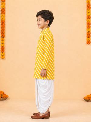 Boy's yellow cotton striped thigh length kurta and dhoti set 3