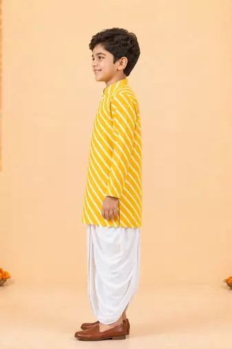 Boy's yellow cotton striped thigh length kurta and dhoti set