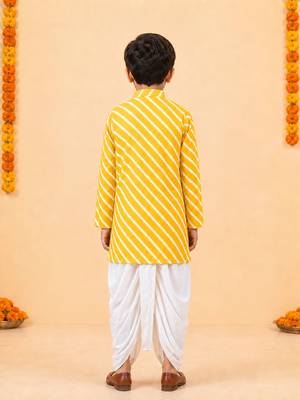 Boy's yellow cotton striped thigh length kurta and dhoti set 4