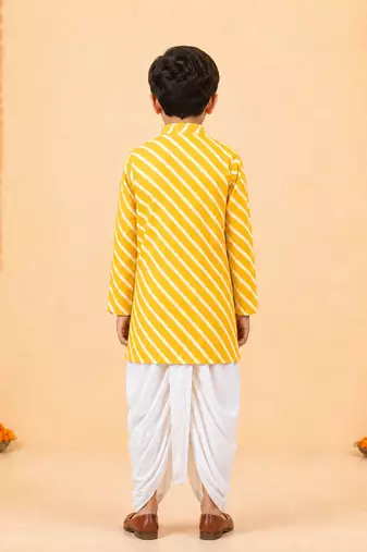Boy's yellow cotton striped thigh length kurta and dhoti set