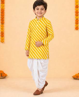 Boy's yellow cotton striped thigh length kurta and dhoti set 5
