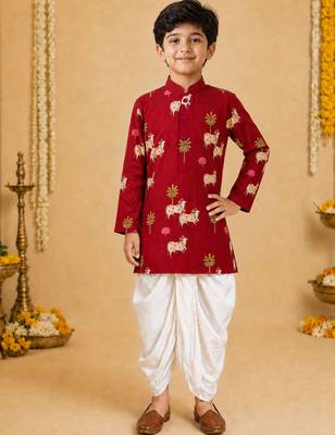 Boy's maroon cotton printed thigh length kurta and dhoti set 1