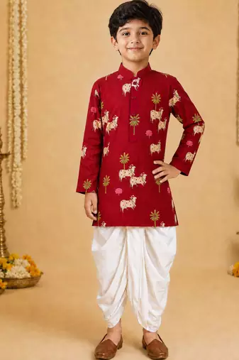 Boy's maroon cotton printed thigh length kurta and dhoti set