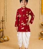 Boy's maroon cotton printed thigh length kurta and dhoti set