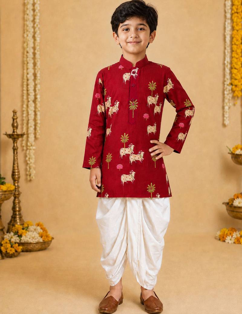 Boy's maroon cotton printed thigh length kurta and dhoti set