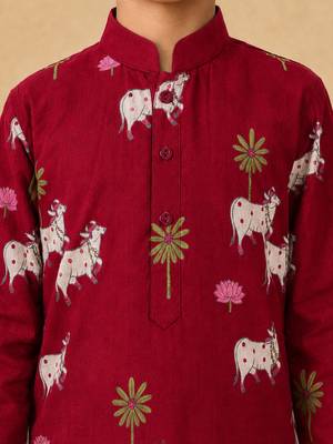 Boy's maroon cotton printed thigh length kurta and dhoti set 2