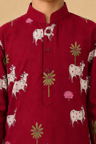 Boy's maroon cotton printed thigh length kurta and dhoti set