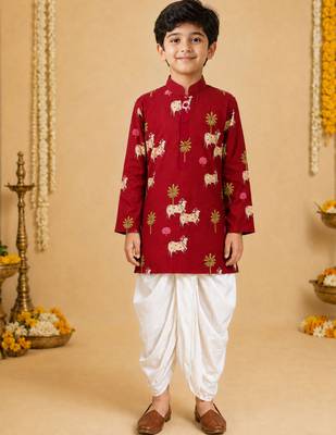 Boy's maroon cotton printed thigh length kurta and dhoti set 3