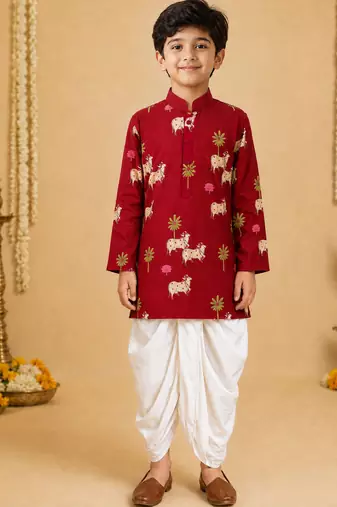 Boy's maroon cotton printed thigh length kurta and dhoti set