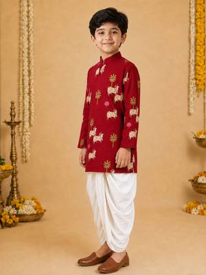 Boy's maroon cotton printed thigh length kurta and dhoti set 4