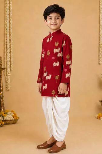 Boy's maroon cotton printed thigh length kurta and dhoti set