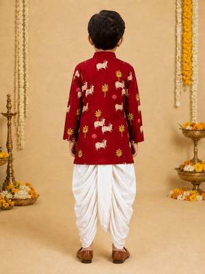 Boy's maroon cotton printed thigh length kurta and dhoti set 5
