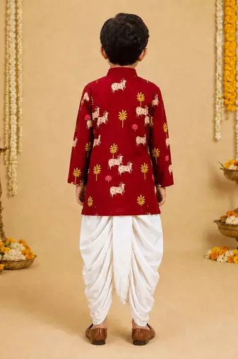 Boy's maroon cotton printed thigh length kurta and dhoti set