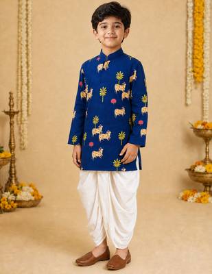 Boy's navy blue cotton block print thigh length kurta and dhoti set 1