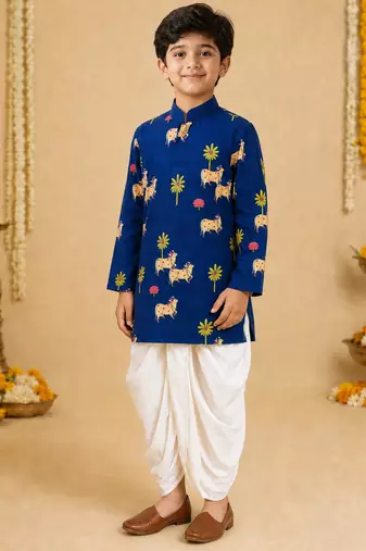 Boy's navy blue cotton block print thigh length kurta and dhoti set