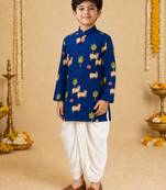 Boy's navy blue cotton block print thigh length kurta and dhoti set