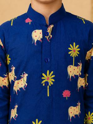 Boy's navy blue cotton block print thigh length kurta and dhoti set 2