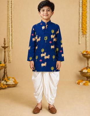 Boy's navy blue cotton block print thigh length kurta and dhoti set 3
